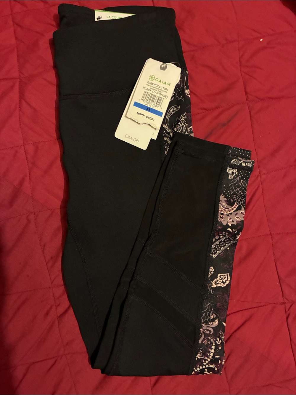 GAIAM Black Leggings with Pink and Purple Paisley Side Panels